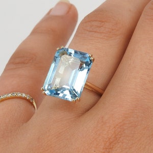 Emerald Cut Aquamarine Engagement Ring – Large Aquamarine Gold Ring - Genuine March Birthstone Ring – Simple Wedding Aquamarine Jewelry Set