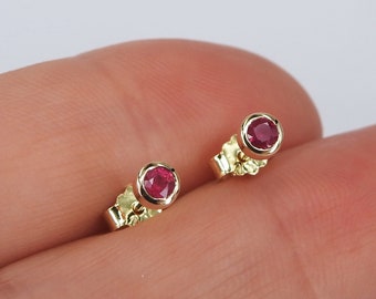 Genuine Ruby Bezel Stud Earrings - July Birthstone Earrings - Vintage Jewelry