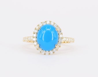 Sleeping Beauty Turquoise Engagement Ring – Genuine Large Oval Turquoise and Diamond Halo Ring – Big December & April Birthstone Ring