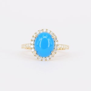 Sleeping Beauty Turquoise Engagement Ring – Genuine Large Oval Turquoise and Diamond Halo Ring – Big December & April Birthstone Ring