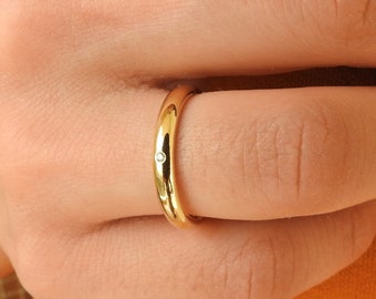 His and Hers Thick Dome Gold Wedding Band with Single Inset Diamond