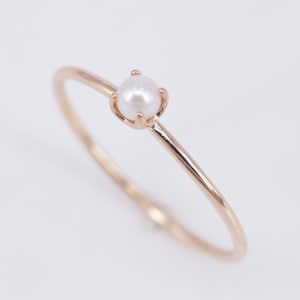 Dainty Solid Gold Pearl Ring – Small Vintage Pearl Engagement Ring – Natural Freshwater Pearl Stacking Ring – June Birthstone Promise Ring