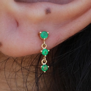 Triple Emerald Drop Stud Earring – Solid 18k Gold Chain Link Cartilage Earring – Dainty May Birthstone Jewelry