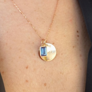 Engraved Birthstone Necklace - Solid 18k Gold Pendant with an Emerald-Cut Tanzanite Charm Necklace