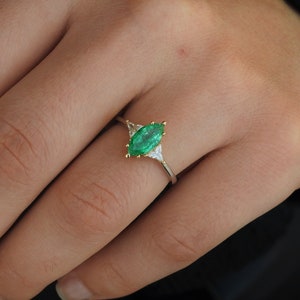 Marquise Shaped Colombian Emerald Ring – Large Unique Emerald and Diamond Engagement Ring – May & April Birthstone Wings Ring