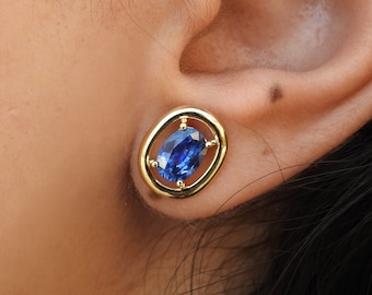 Genuine Oval Sapphire Earrings - Cornflower Blue Saphire Bezel Halo Earrings - Vintage Sapphire Earrings - September Birthstone Ring