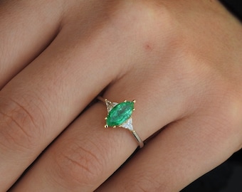 Marquise Shaped Colombian Emerald Ring – Large Unique Emerald and Diamond Engagement Ring – May & April Birthstone Wings Ring