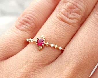 Vintage Style Dainty Ruby Engagement Ring – Small July & April Dual Birthstone Ring – Victorian Antique Style Gold Ruby Stacking Ring
