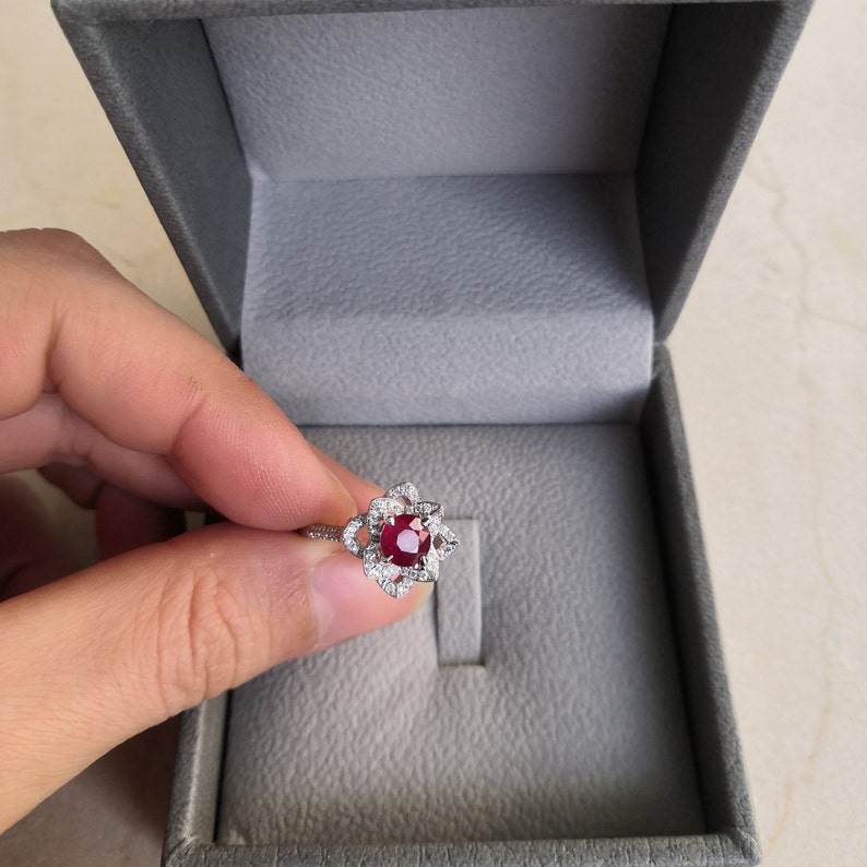 Nature Inspired Genuine Ruby and Diamond Flower Engagement Ring image 7