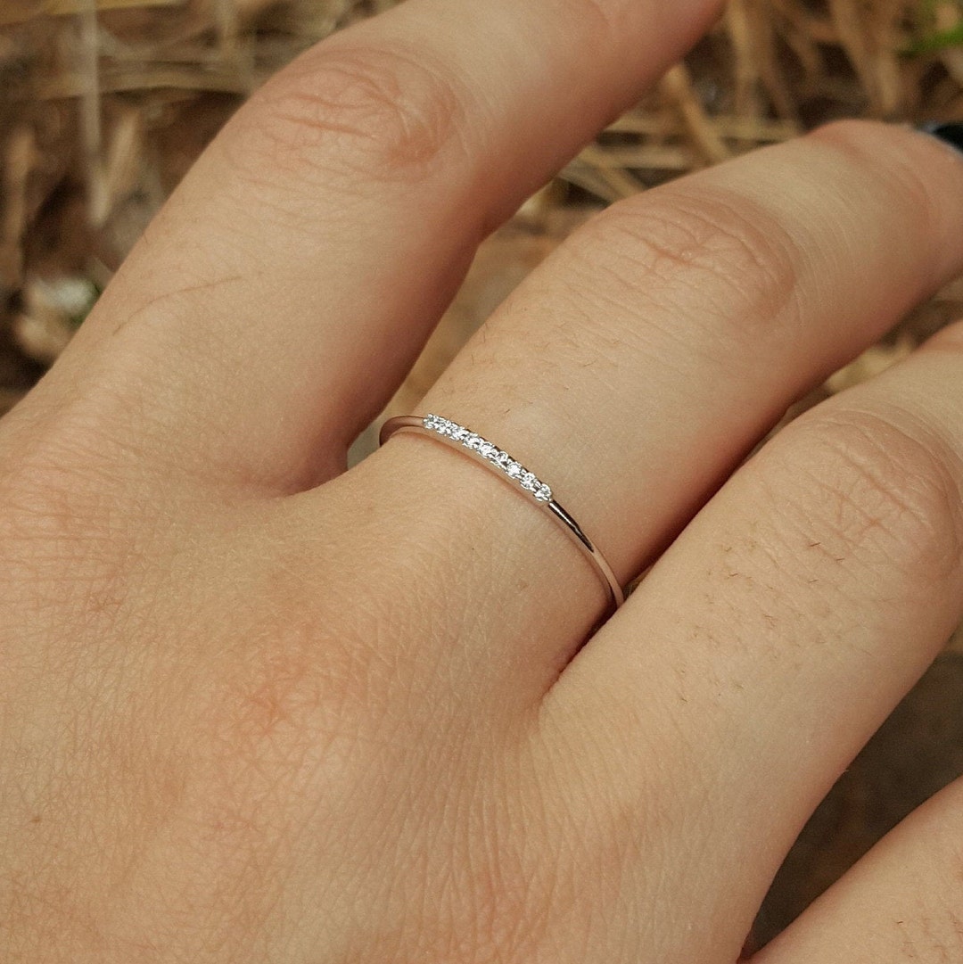 Thin Pave Diamond Band Dainty Diamond Wedding Band April Birthstone