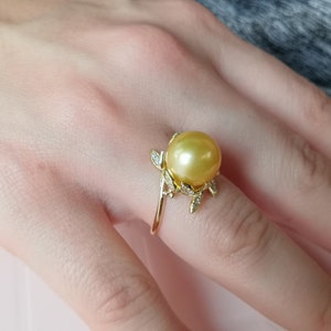 Golden South Sea Pearl Engagement Ring Nature Inspired Pearl and Diamond Ring Chunky Solid Gold Pearl Ring Unique June Birthstone Ring image 4