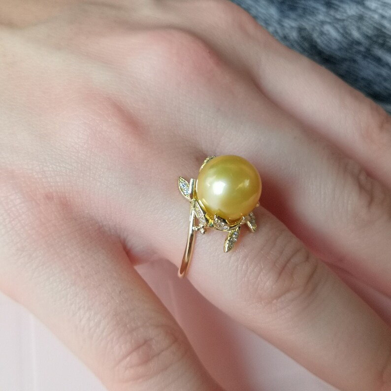 Golden South Sea Pearl Engagement Ring Nature Inspired Pearl and Diamond Ring Chunky Solid Gold Pearl Ring Unique June Birthstone Ring image 4