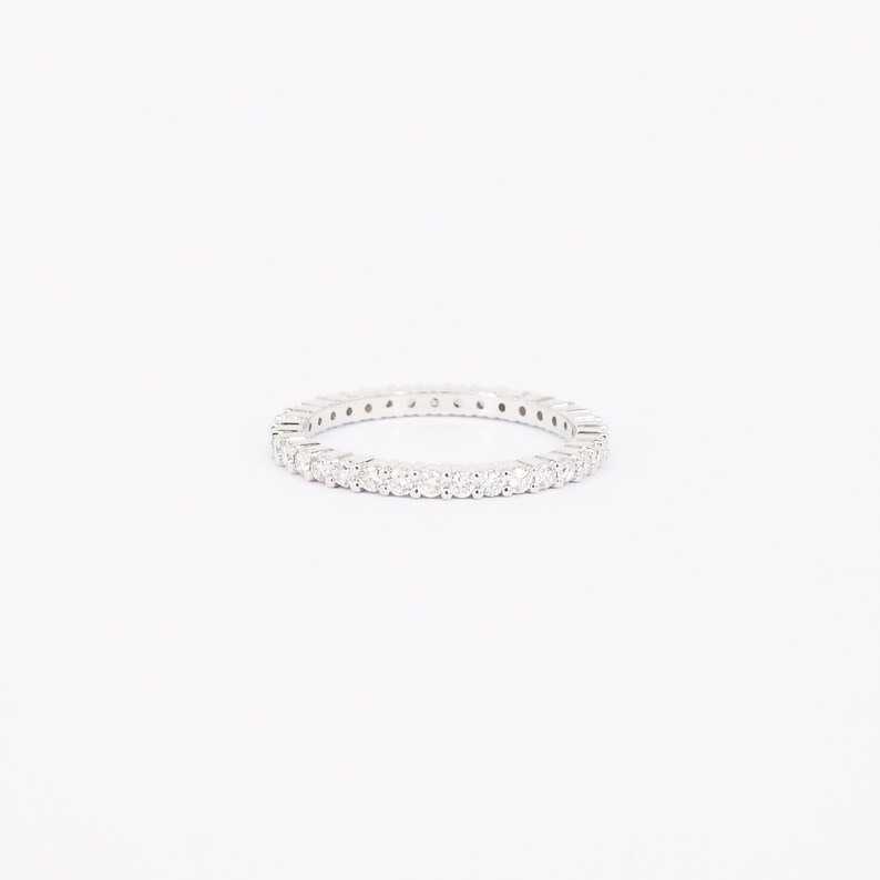 1.7 mm Thin Shared Prong Full Eternity Ring Dainty Diamond Wedding Band Simple Stacking Diamond Band Real April Birthstone Ring image 3