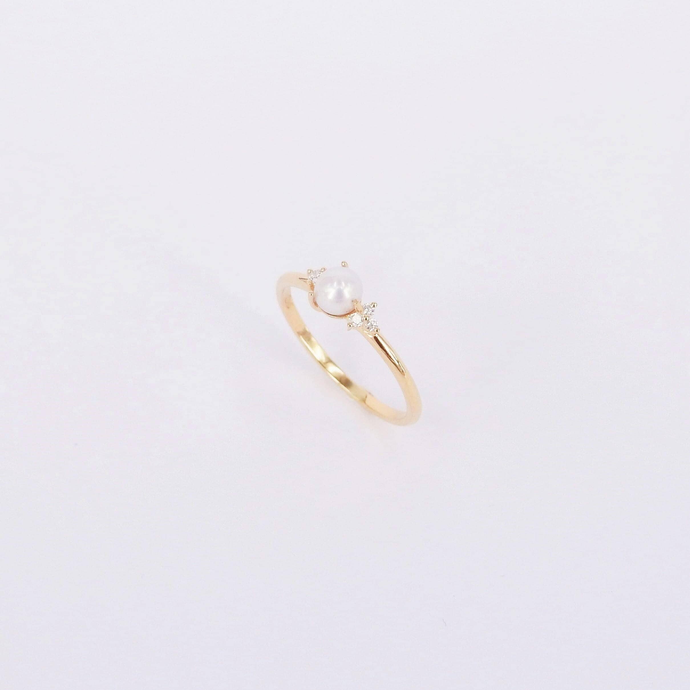 Dainty Pearl Diamond Engagement Ring – Family Birthstone Ring – Nature Inspired Freshwater Pearl Ring