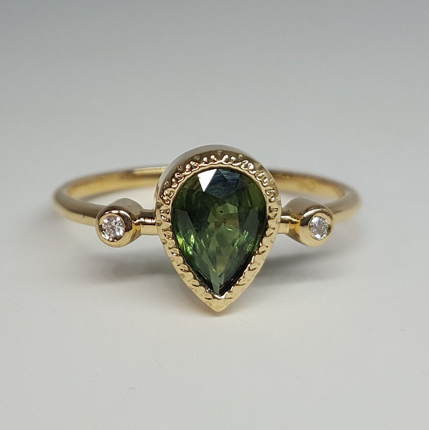Vintage Textured Bezel Green Sapphire Engagement Ring