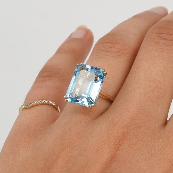 Anillo de compromiso de aguamarina de talla esmeralda Anillo de oro de aguamarina grande Anillo de piedra de nacimiento de marzo genuino Conjunto de joyeria de aguamarina de boda simple Etsy