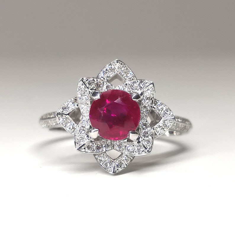 Nature Inspired Genuine Ruby and Diamond Flower Engagement Ring image 9