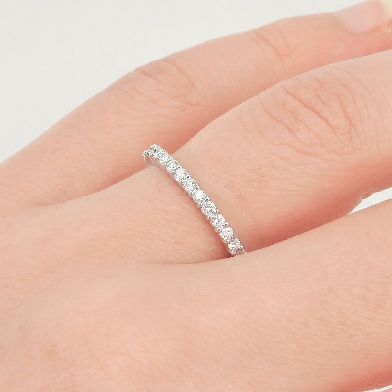 1.7 mm Thin Shared Prong Full Eternity Ring Dainty Diamond Wedding Band Simple Stacking Diamond Band Real April Birthstone Ring image 4