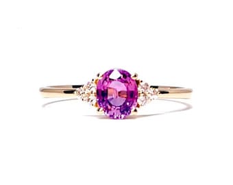 Dainty Genuine Oval Pink Sapphire and Diamond Engagement Ring