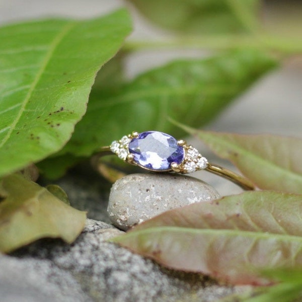 Oval Tanzanite Engagement Ring – Natural Tanzanite and Cluster of Diamond Ring – Solid Gold December and April Birthstone Ring