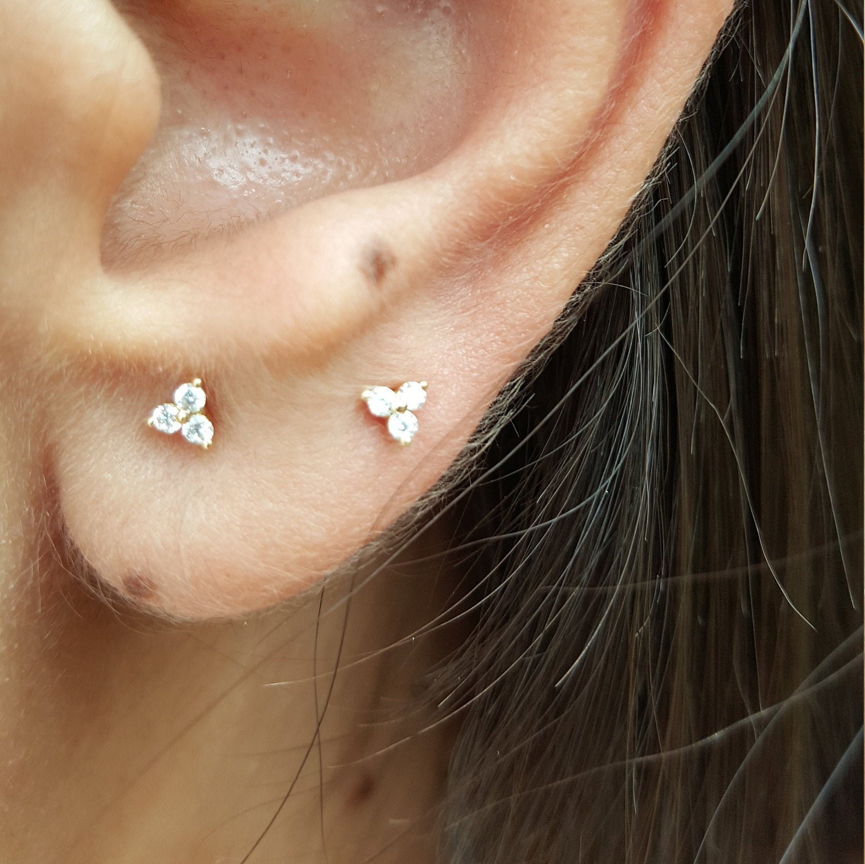 Diamond Stud Earrings Tiny Trio - Etsy