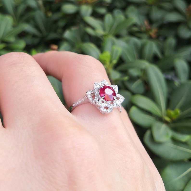 Nature Inspired Genuine Ruby and Diamond Flower Engagement Ring image 2