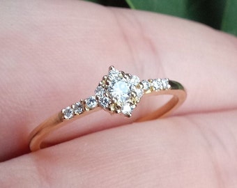 Vintage Style Genuine Diamond Engagement Ring – Tiny Victorian Handmade Jewelry - April Birthstone Crown Ring – Bridal Wedding Ring