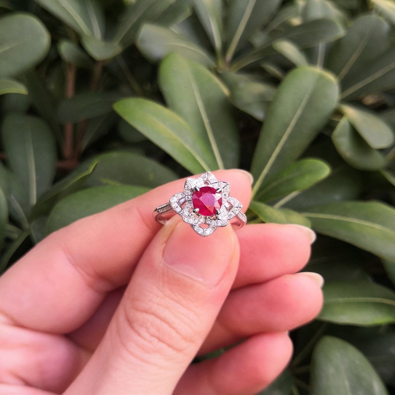 Nature Inspired Genuine Ruby and Diamond Flower Engagement Ring image 1