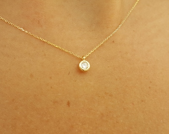 Bezel Diamond Solitaire Necklace – April Birthstone Necklace – Handmade Tiny Delicate Wedding Jewelry Gift – Dainty Bride Diamond Necklace