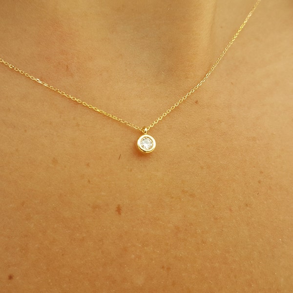 Bezel Diamond Solitaire Necklace – April Birthstone Necklace – Handmade Tiny Delicate Wedding Jewelry Gift – Dainty Bride Diamond Necklace