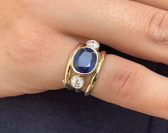 Celestial Genuine Oval Bezel Sapphire and Diamond Engagement Ring