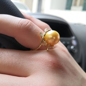 Golden South Sea Pearl Engagement Ring Nature Inspired Pearl and Diamond Ring Chunky Solid Gold Pearl Ring Unique June Birthstone Ring image 2