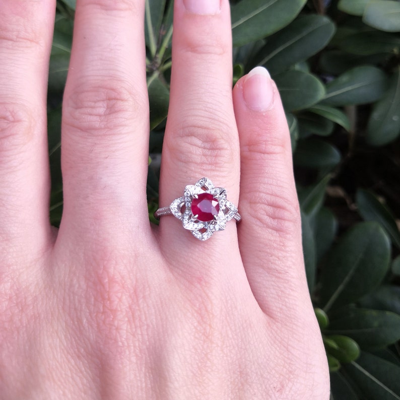 Nature Inspired Genuine Ruby and Diamond Flower Engagement Ring image 5