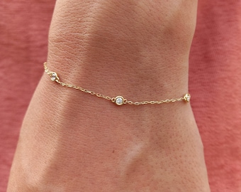 Natural Bezel Diamond Tennis Bracelet - Dainty Solid Gold Chain Bracelet – Handmade Jewelry