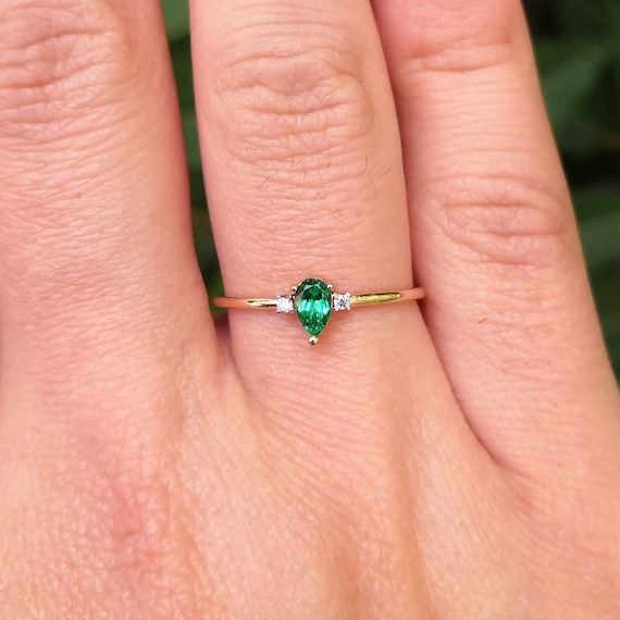 Small Pear Shaped Colombian Emerald Ring Dainty Emerald and Diamond Engagement Ring Vintage May Birthstone Ring