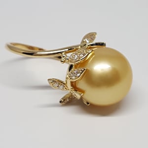 Golden South Sea Pearl Engagement Ring – Nature Inspired Pearl and Diamond Ring - Chunky Solid Gold Pearl Ring – Unique June Birthstone Ring