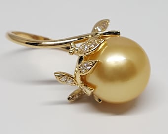Golden South Sea Pearl Engagement Ring – Nature Inspired Pearl and Diamond Ring - Chunky Solid Gold Pearl Ring – Unique June Birthstone Ring