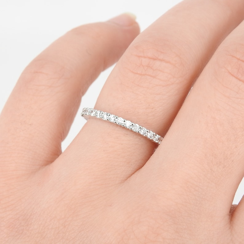 1.7 mm Thin Shared Prong Full Eternity Ring Dainty Diamond Wedding Band Simple Stacking Diamond Band Real April Birthstone Ring image 1