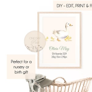May include: A printable nursery art print featuring a watercolour illustration of a white duck with yellow ducklings. The print includes the name "Olivia May", the date "12th November 2024", and the baby's birth stats: "3.6kg | 51cm | 12.49pm".