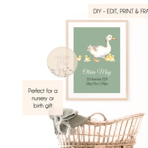May include: A printable nursery art print featuring a watercolour illustration of a mother duck and ducklings. The print has a green background and includes the text "Olivia May", "12th November 2024", "3.6kg", "51cm", and "12.49pm".