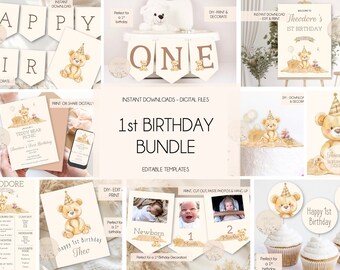 May include: A digital printable bundle for a 1st birthday party with a teddy bear theme. The bundle includes a banner, invitations, cupcake toppers, a welcome sign, and other decorations. The colors are brown, beige, and white.