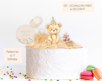 Adorno para tarta de osito de peluche para primer cumpleaños, editable, para primer cumpleaños, con temática de osito de peluche, para niños