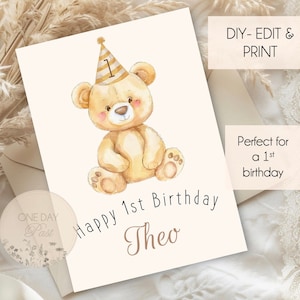 Carte d'anniversaire ours en peluche MODIFIABLE premier anniversaire carte ours en peluche carte personnalisée 1er anniversaire Téléchargement instantané décoration d'anniversaire pour enfants