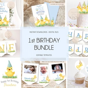 Duckling Party BUNDLE EDITIERBARE 1st Geburtstag sofort digitaler Download fünf kleine Enten niedliche Mädchen geschlechtsneutral