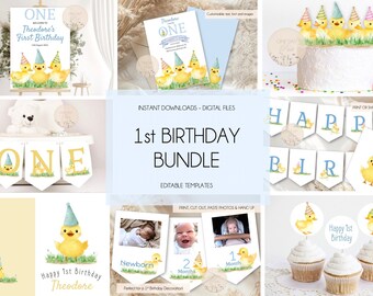 May include: A printable 1st birthday party bundle featuring a yellow duck theme. The bundle includes a welcome sign, banner, cupcake toppers, and photo cards. The text "Theodore's First Birthday" is included on the welcome sign.