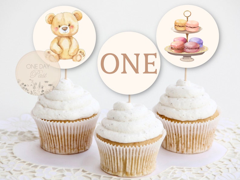 Editable Brown Teddy Bear Baby Shower Cupcake Topper, Gender Neutral Bear Balloons We Can Bearly Wait Baby Shower Cake Topper Printable A1A2