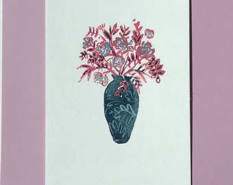 Original Floral Gouache Painting, Blue Vase with Pink Flowers