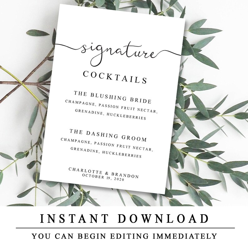 Signature Cocktail Sign Editable Wedding Bar Menu Template Etsy