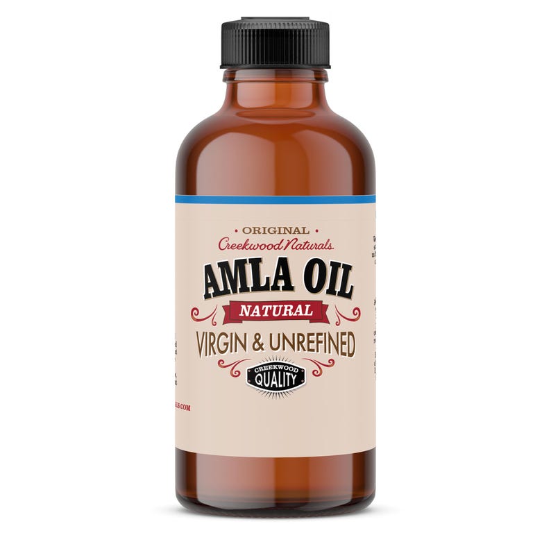 May include: A brown glass bottle with a black cap and a label that reads "Original Creekwood Naturals Amla Oil Natural Virgin & Unrefined Creekwood Quality".