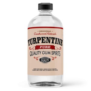 May include: A clear glass bottle with a black cap and a tan label. The label reads "TURPENTINE PURE QUALITY GUM SPIRITS" with the brand name "Creekwood Naturals". The bottle contains a clear liquid.